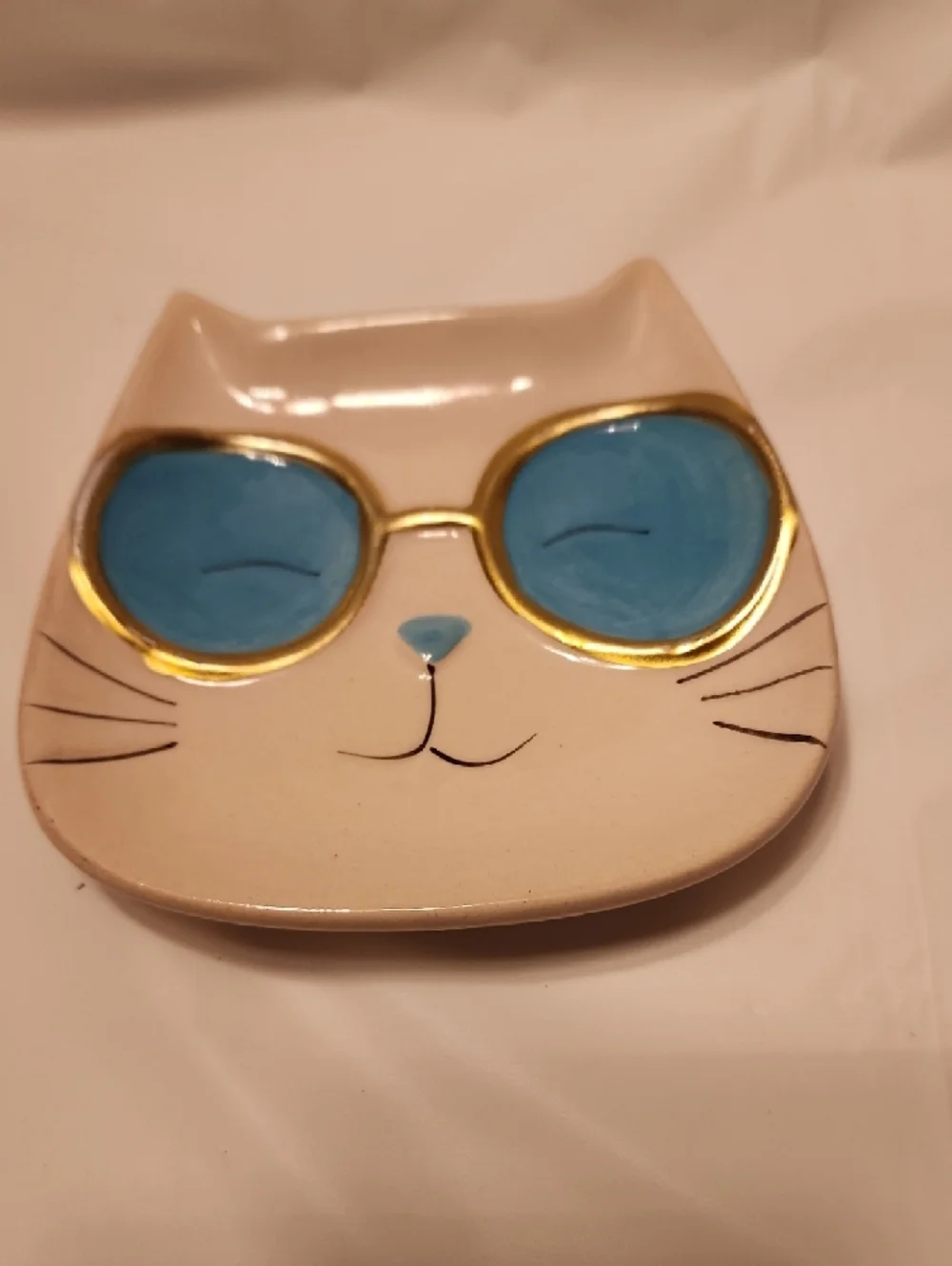 Ceramic Cat Dish with Blue Sunglasses Accent